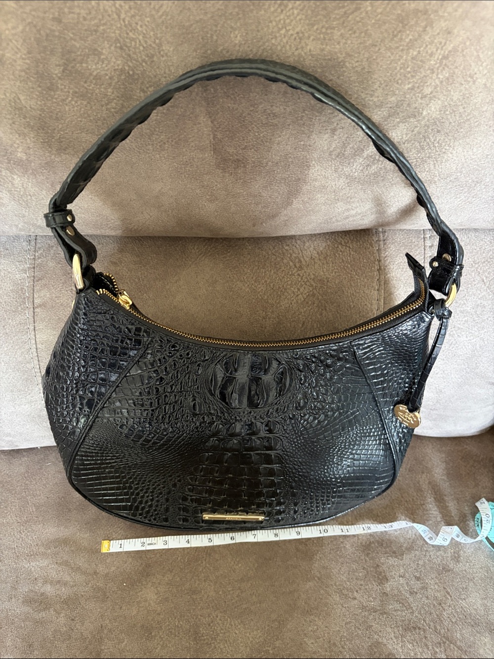 Brahmin Black Croc-Embossed Hobo Shoulder Bag with Gold Hardware